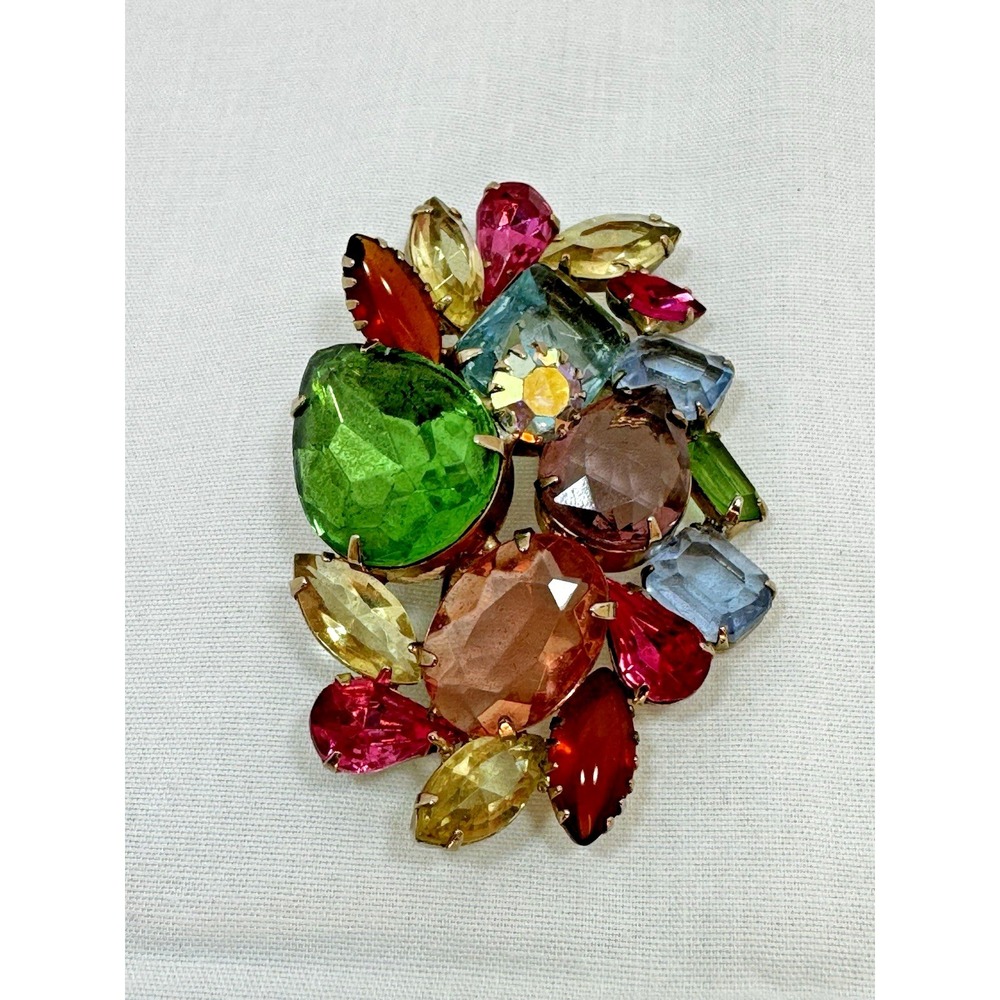 Vintage Large Fruit Salad Chunky Rainbow Rhinestone Brooch Gold Tone 3"